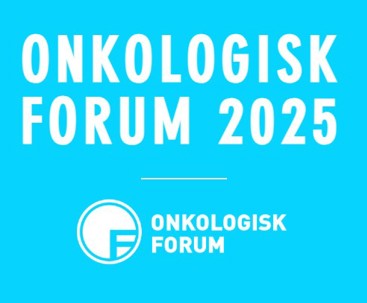Hvit tekst som sier Onkologisk Forum 2025 på en blå bakgrunn