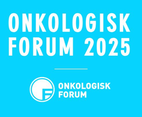 Hvit tekst som sier Onkologisk Forum 2025 på en blå bakgrunn
