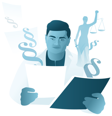 Illustrasjon fra Melkeveien. En lege i hvit frakk kikker på en journal. Paragrafer pryder bakgrunnen.