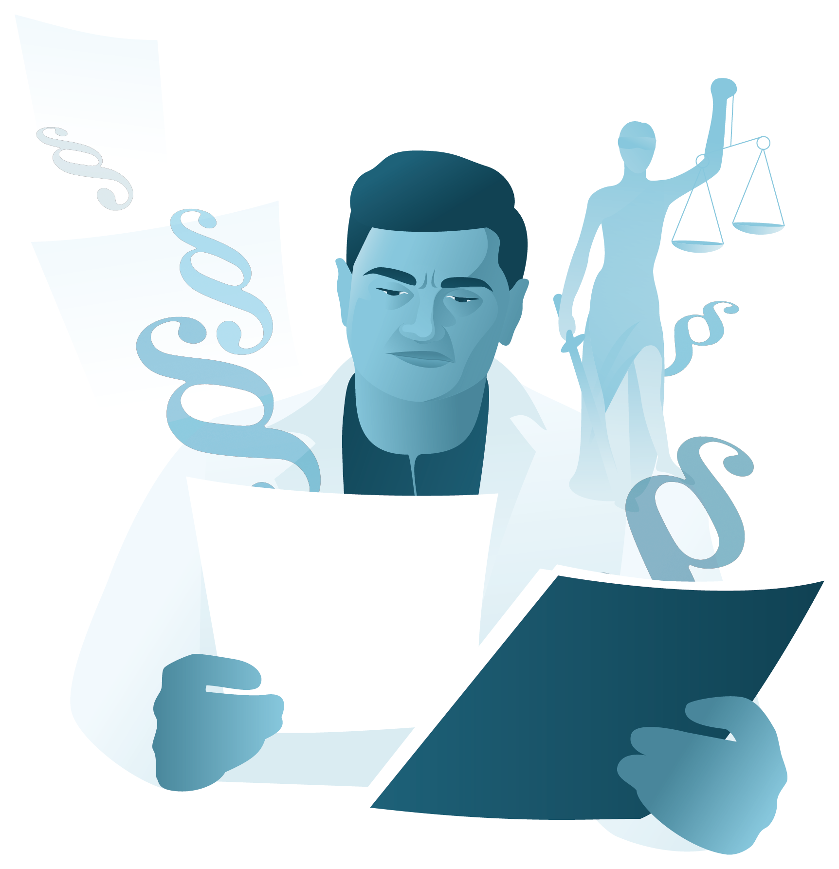 Illustrasjon fra Melkeveien. En lege i hvit frakk kikker på en journal. Paragrafer pryder bakgrunnen.