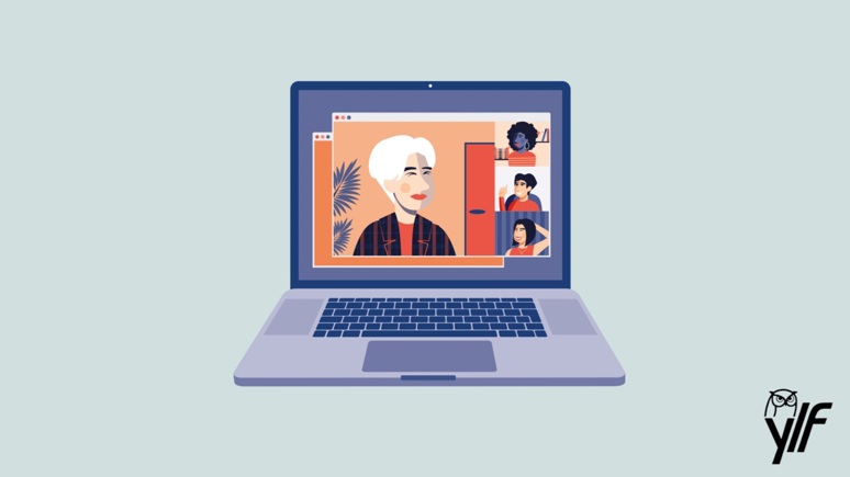 Illustrasjon av en PC med et nettmøte. Illustrasjon: Tuva Stranger Mjønes/Adobe Express