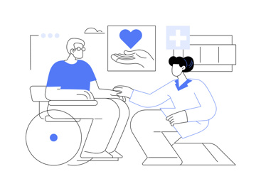 Illustrasjonsbilde av en mann i rullestol og en lege  på huk foran. Foto: Vige/Mostphotos