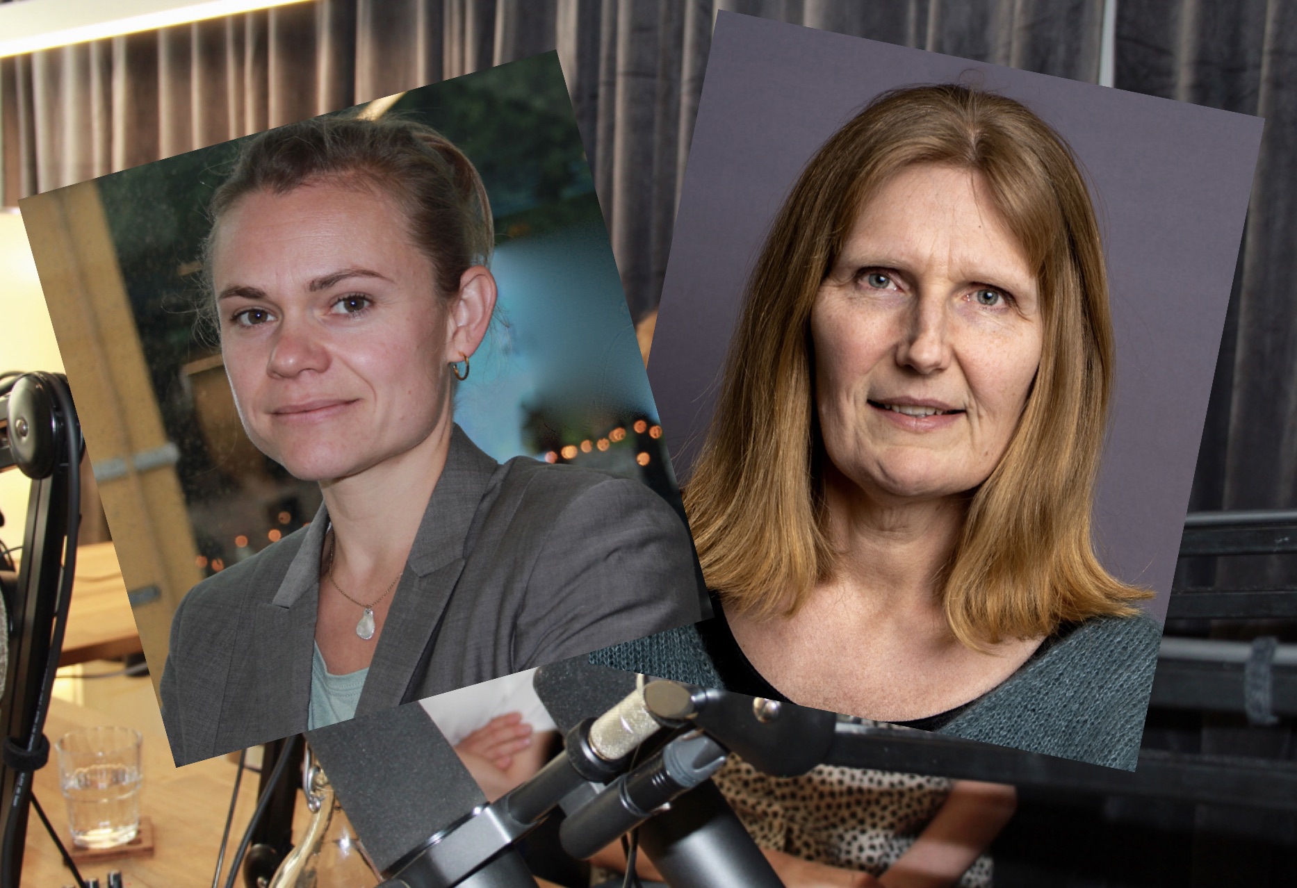 Bildemontasje, bilde av to kvinner lagt oppå et bilde av et studio med skrivebord og mikrofoner.