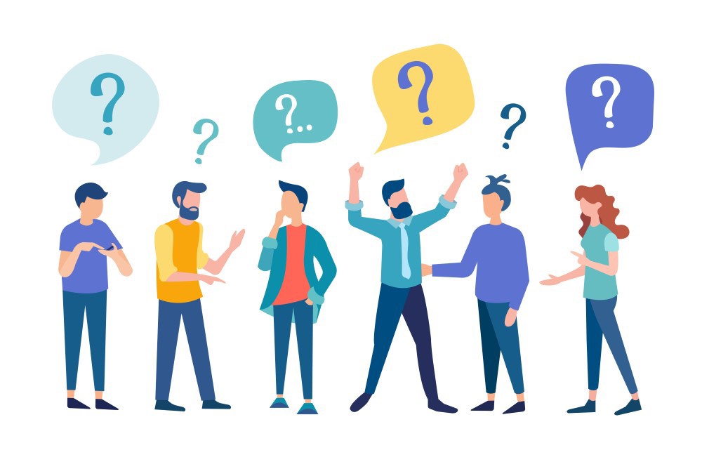 6 mennesker med spørsmålstegn flytende over hodet. Illustrasjon: Colourbx.com