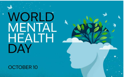 Plakat, blå, lyseblått hode med kvister med grønne blader som stikker ut, hvite fugler og noen skyler. Teksten er World Menta Health Day October 10