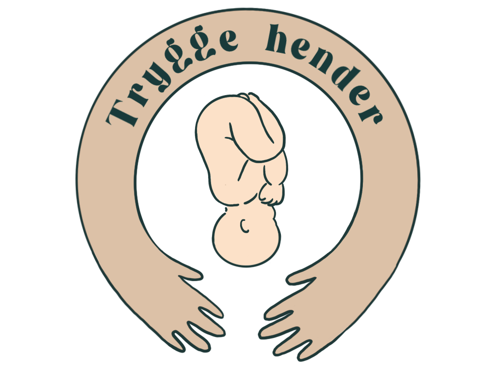 logo, trygge hender. Logo designet som to armer som omfavner et spedbarn, med teksten "Trygge hender"
