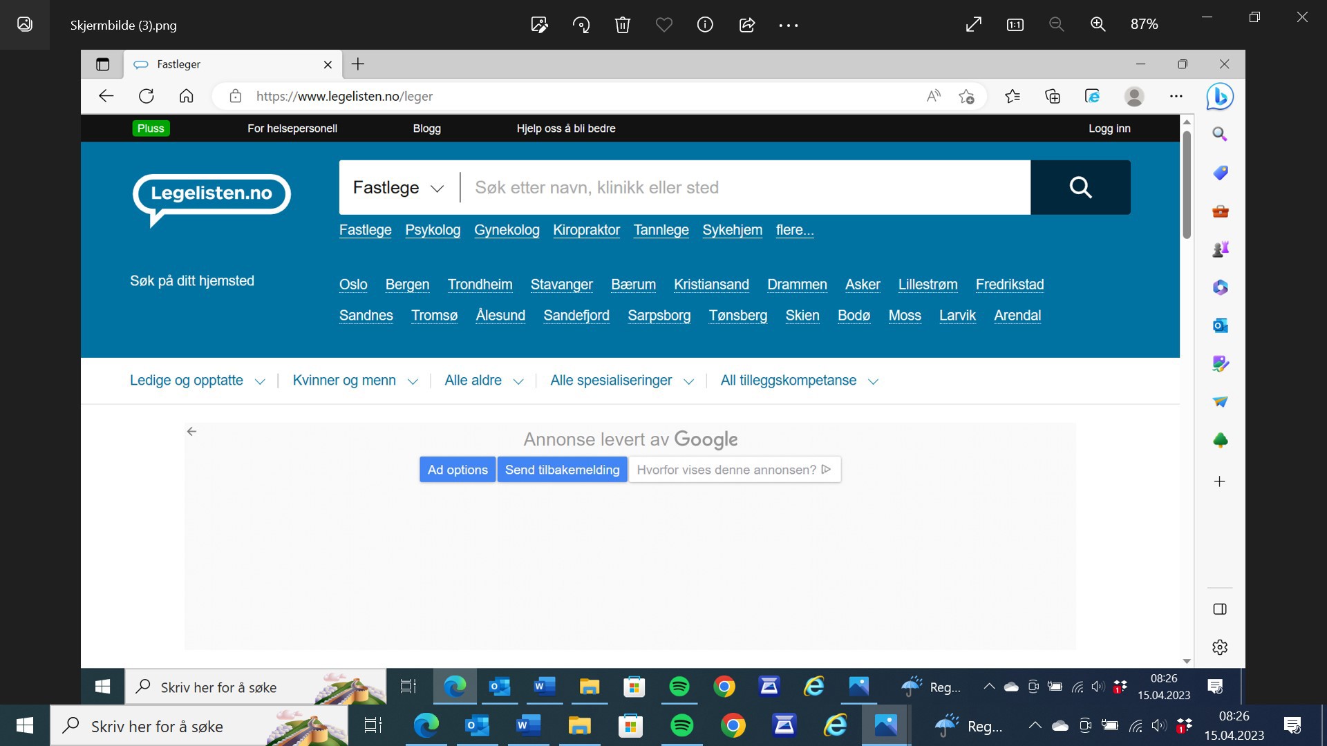 skjermbilde fra Legelisten.no