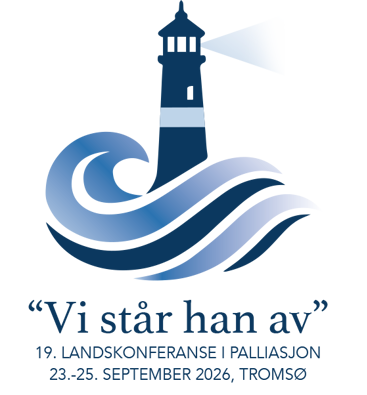 Logo Landskonferansen i Palliasjon 2026. Et fyr med bølger brusende rundt seg. Teksten "Vi står han av"