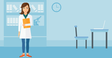 En glad lege som holder en fil på bakgrunn av medisinsk kontor vektor flat design illustrasjon. Horisontal layout. Foto: Colourbox.com