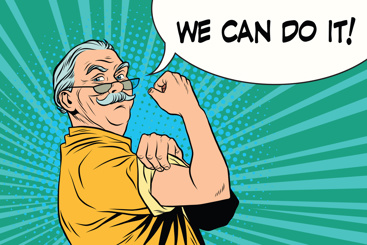 Eldre mann som sier We can do it!