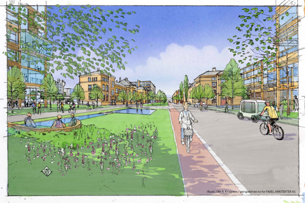 Figur 5. fra temaheftet - Perspektivtegning av hovedgaten i anlegget sett fra nordvest mot sydøst med nye bygg i forgrunnen på begge sider, to av de fredede (bygg 19 og 20) midt i og det nye klinikkbygget i bakgrunnen til venstre. På plenen ser man Bisletbekken med et basseng.
