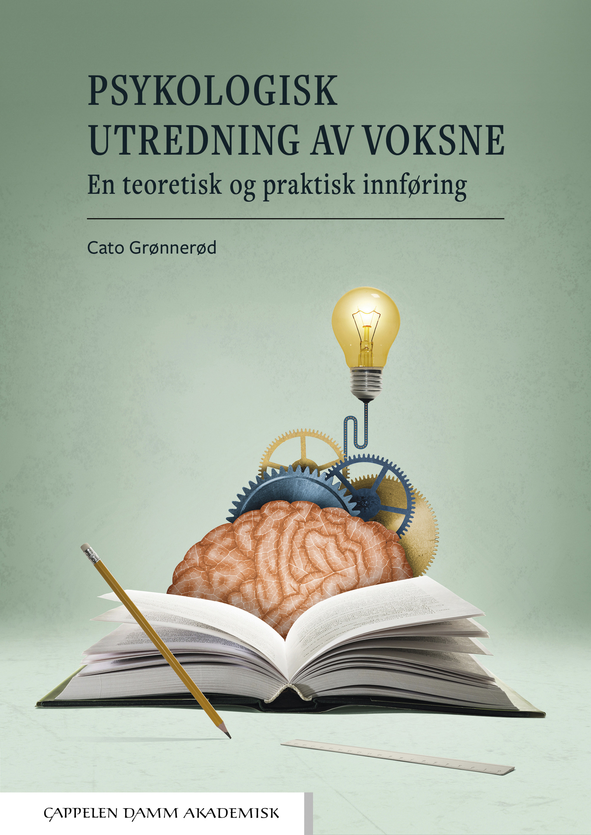 Omslaget til boken "Psykologisk utredning av voksne". Grønn bakgrunn med åpen bok, hjerne, tannhjul og lyspære.
