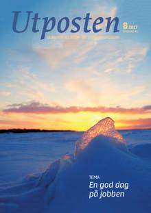 Is som stikker opp av snøen med en solnedgang bak. Forsiden av Utposten nummer 8 2017. Skjermbilde av forside
