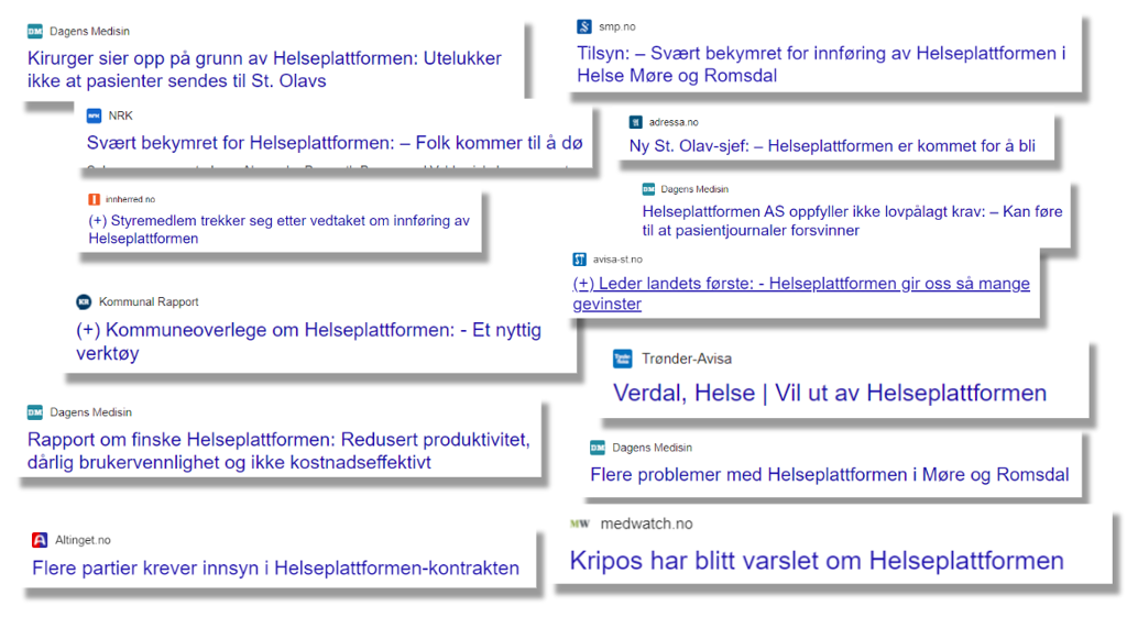 skjermdump av diverse oppslag i media om helseplattformen