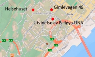 Kart med alternativer for plassering av ny legevakt