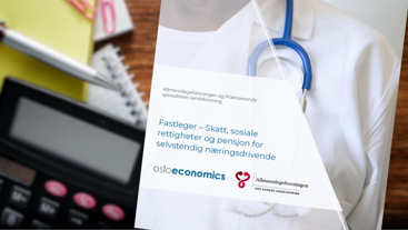 illustrasjonsbilde av rapport foran en bakgrunn med skrivebord med kalkulator (bakgrunn fra Colourbox)