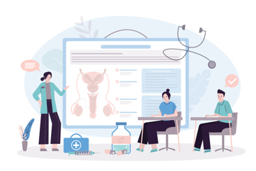 Illustrasjon av en lege som holder kurs for to elever. Foto: Alina Naumova/iStock