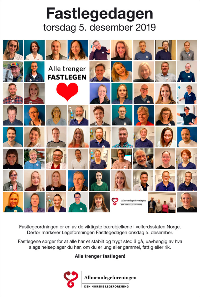 Fotomontasje med mange fastleger på