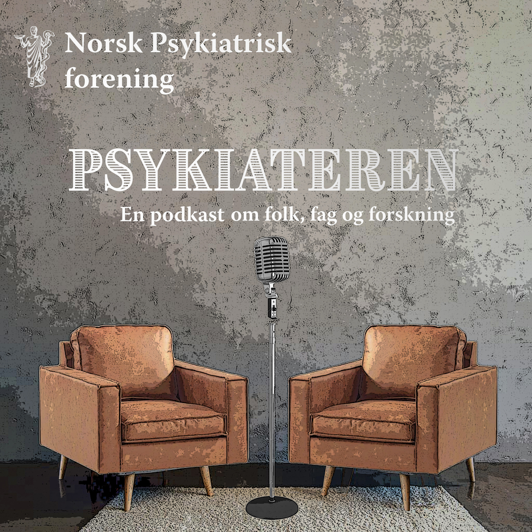 Plakaten til podcasten Psykiateren. To brune skinnstoler mot hverandre med en mikrofon i mellom
