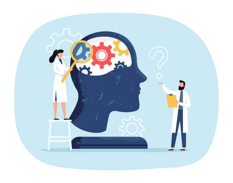 Illustrasjon av to leger som ser inn i et hode med forstørrelsesglass. Foto:Tetiana Lazunova/Mostphotos