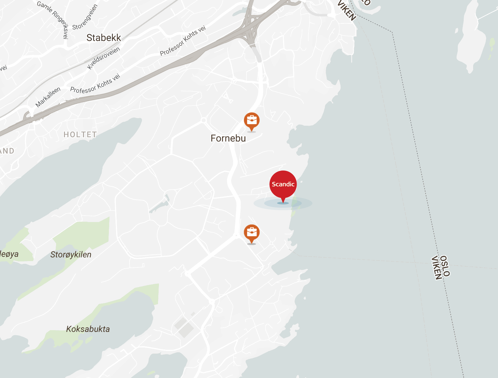 Kart med markering av Scandic Fornebu