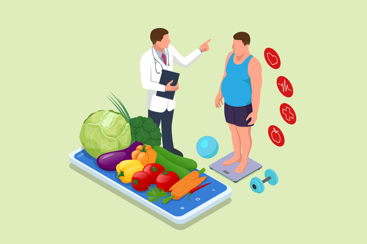 Illustrasjonsbilde av en lege og en pasient foran et fat med grønnsaker. Foto: Golden Sikorka/iStock