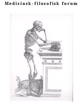 Skjelett som står lent til et bord med en hodeskalle. Foto: Medisinsk-filosofisk forum