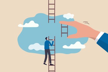Ill: tegning av en mann i en stige opp i skyene der en mannshånd fjerner deler av stigen